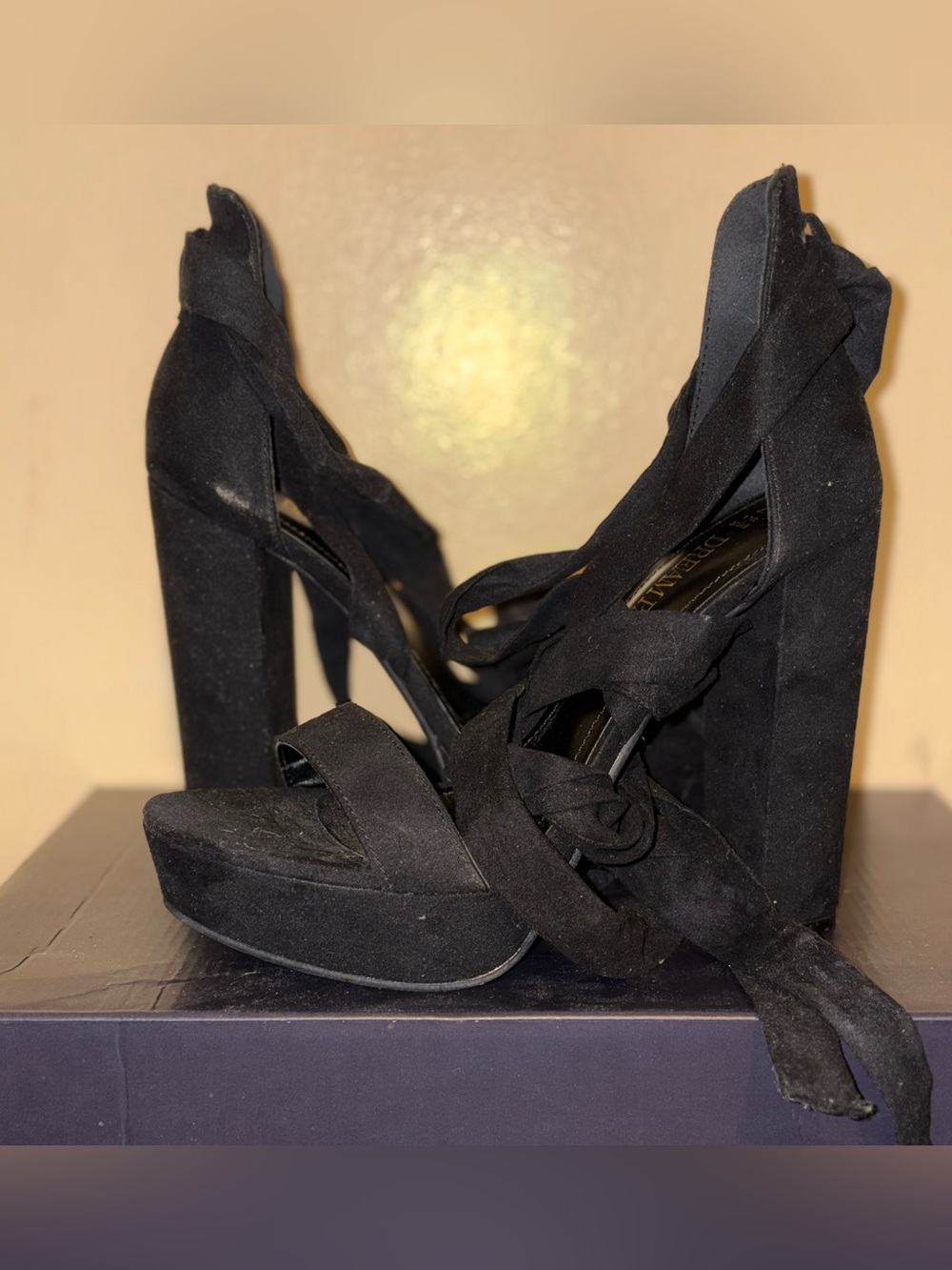 Black Suede Platform Lace-Up High Heel Sandals